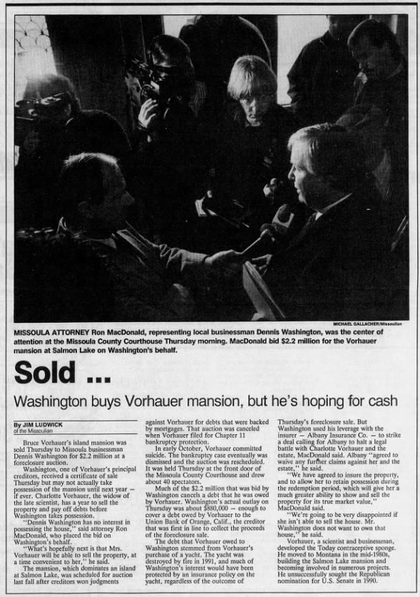 The Missoulian, Missoula MT Dennis Washington buys mansion from Vorhauer.